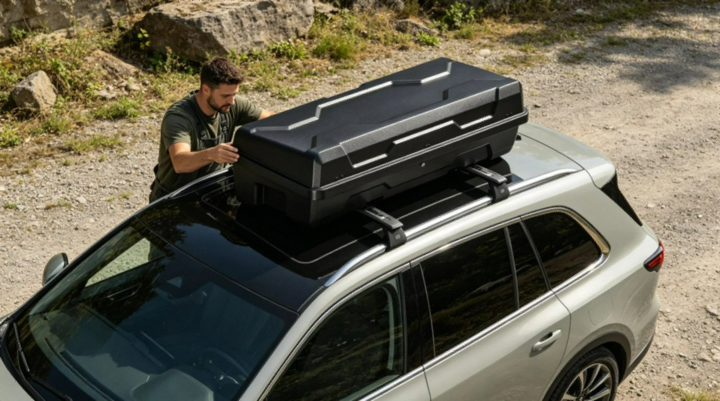 Yakima EXO GearLocker hitch cargo box mounted on vehicle